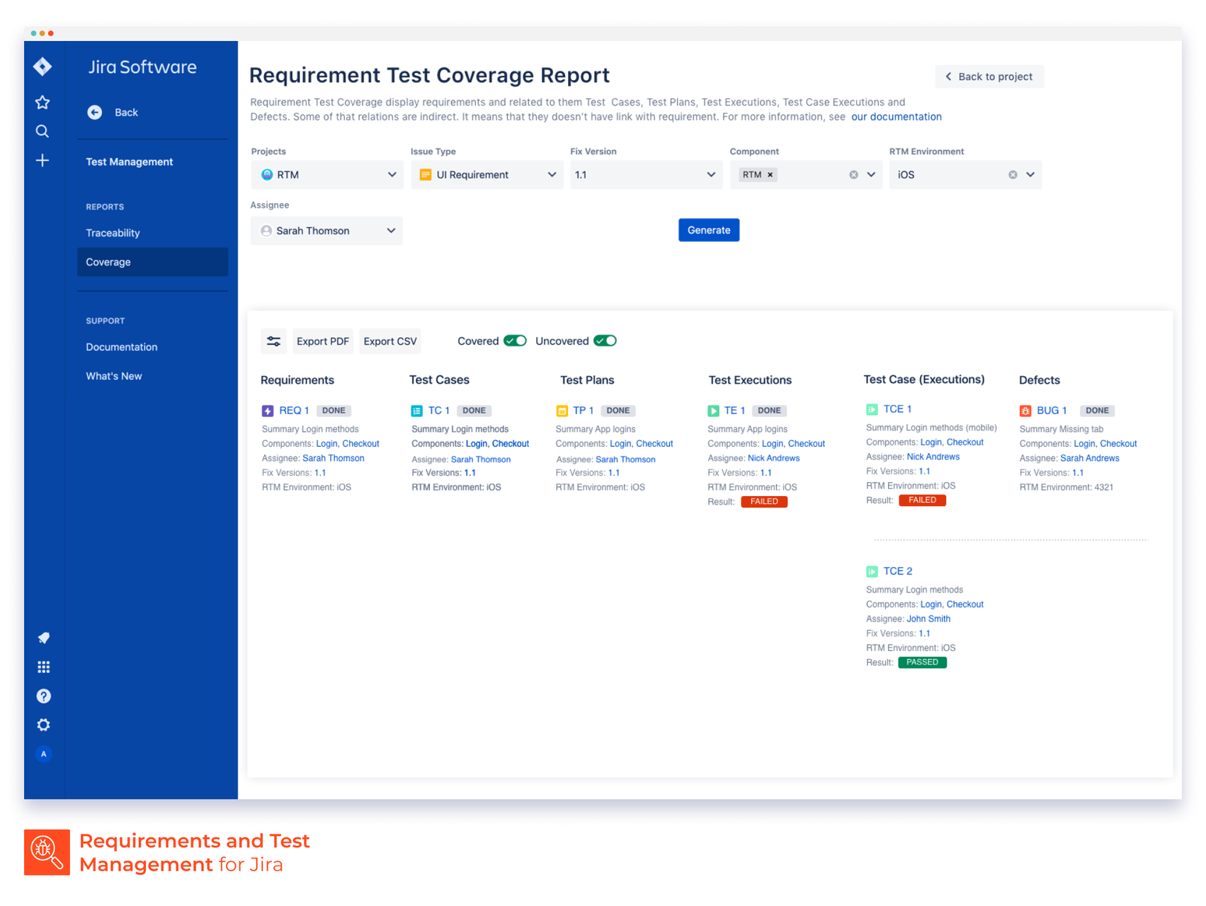 The Requirement coverage report screen