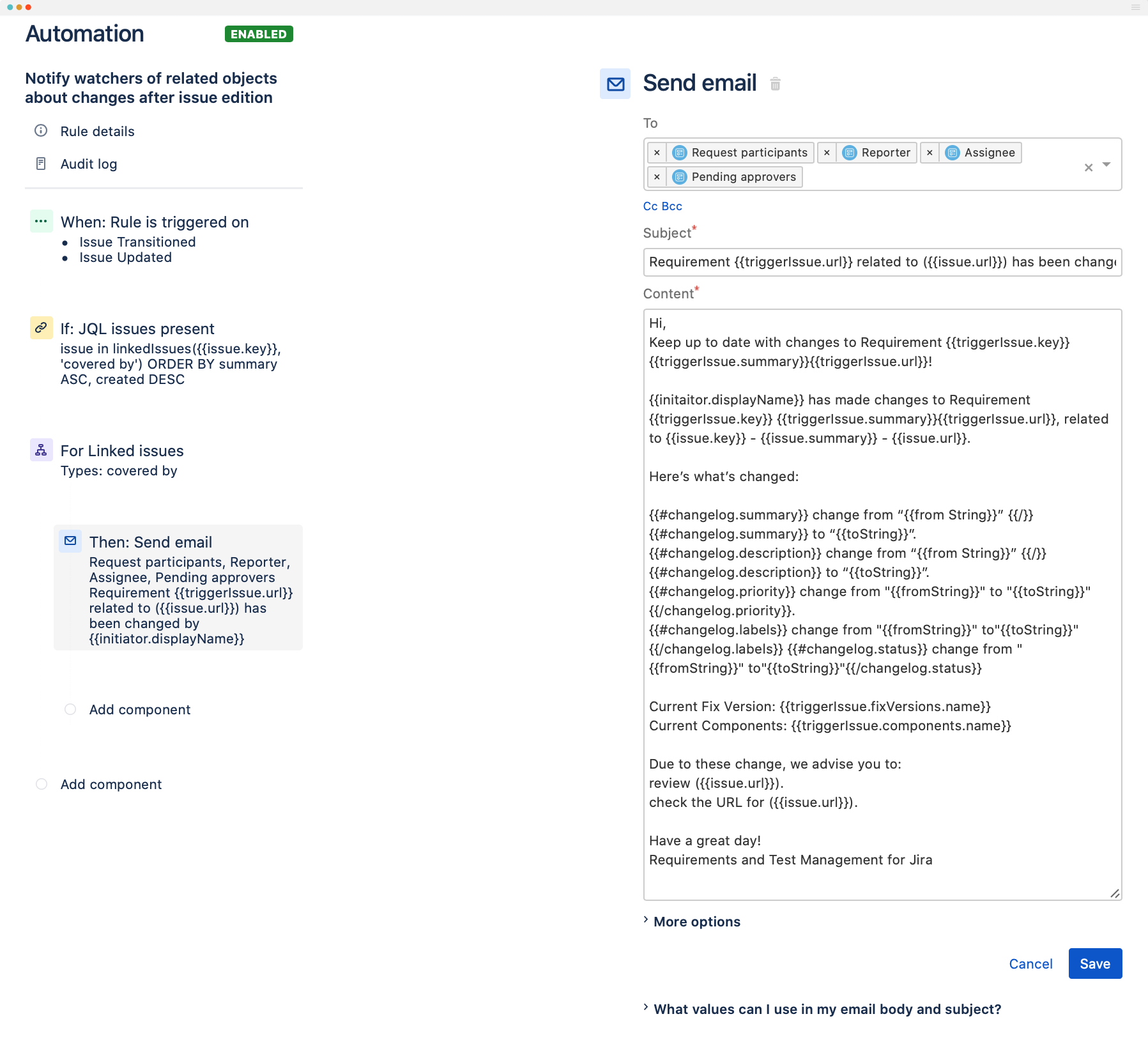 Jira Automated rule - notification about implemented changes