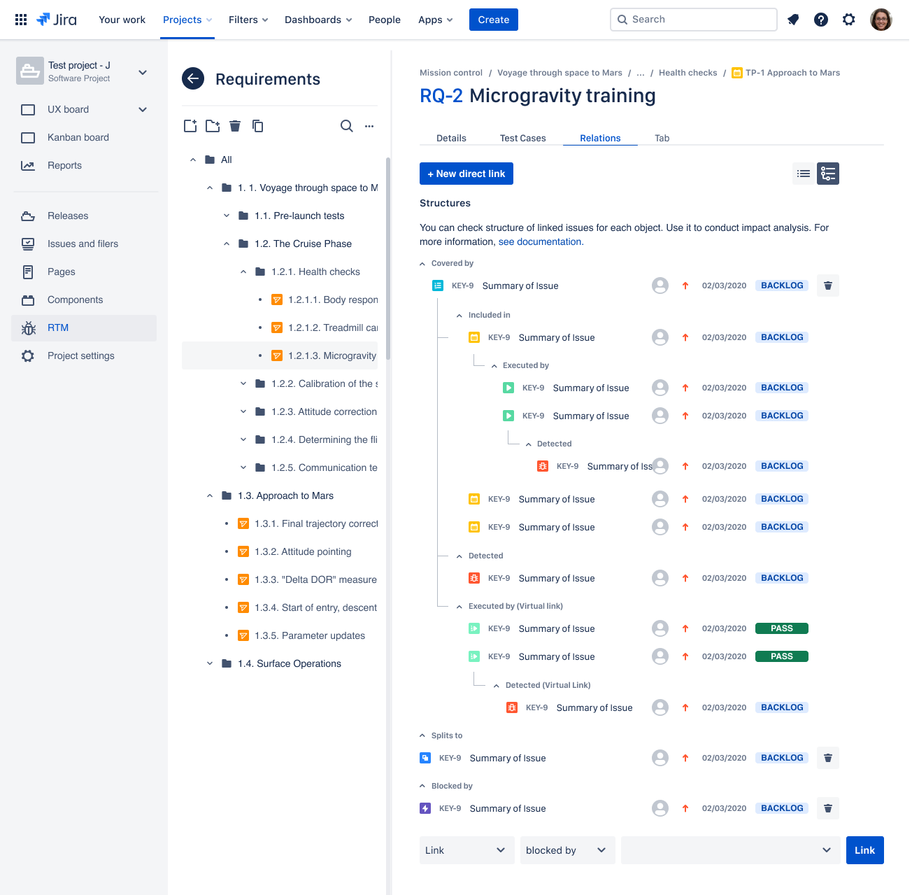 RTM for jira - requirements relations screen